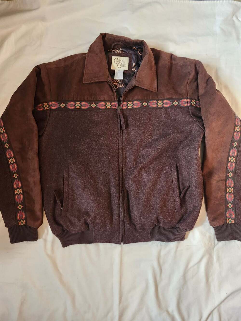 Cripple Creek Aztec Pattern Bomber Jacket Size XL Brown Wool Suede Trim